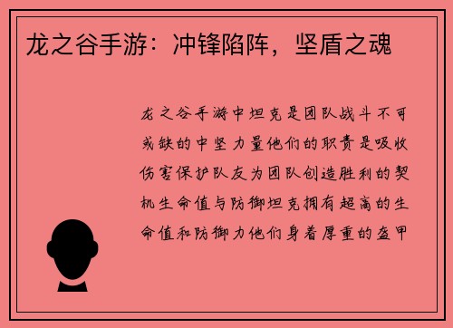 龙之谷手游：冲锋陷阵，坚盾之魂